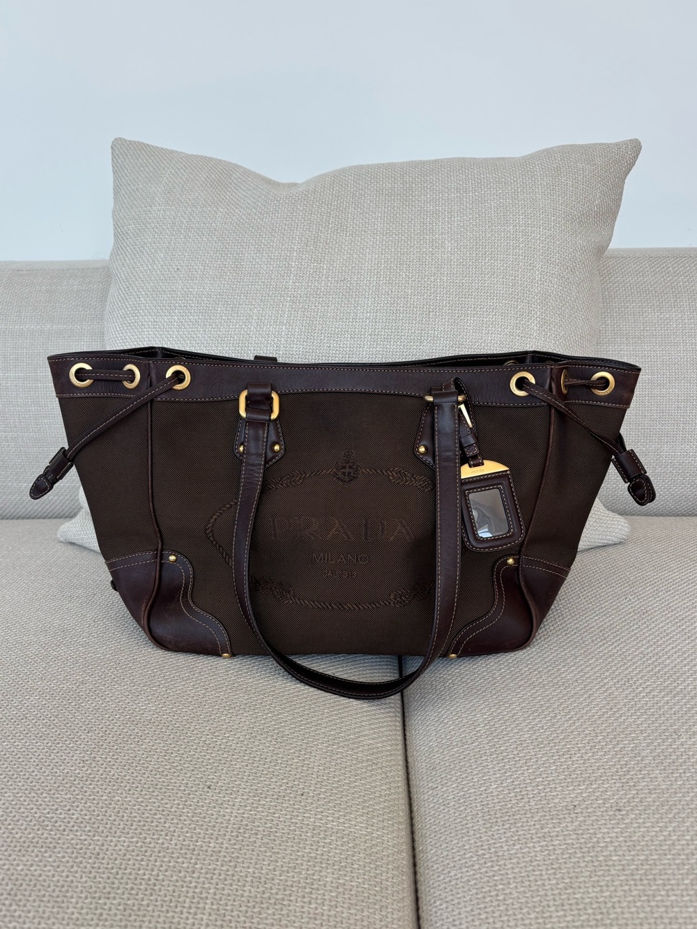 Prada Dark Brown Canvas Jacquard Tote Bag